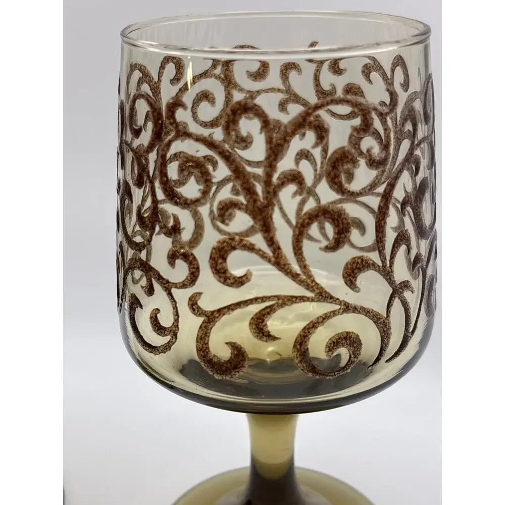 Vintage Libbey Prado Water Goblets (3)Wine Goblets(2) Scroll Pattern Brown